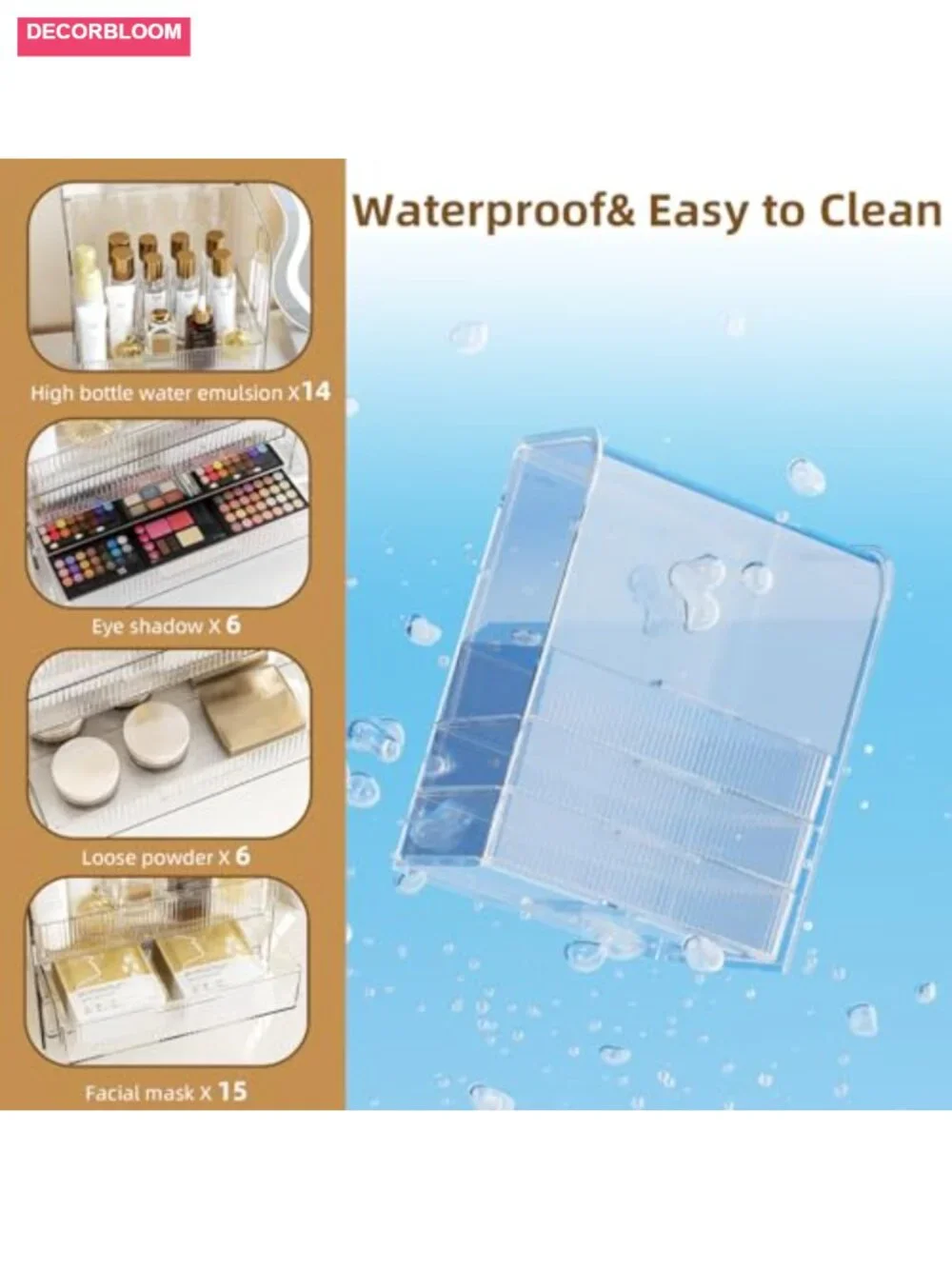 3 Tier Clear Acrylic Makeup Cosmetic Organizer with Lid & Drawers - Countertop